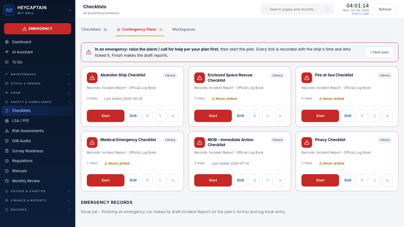Contingency Plans: Start, Drill and last drilled per plan, EMERGENCY button in the sidebar