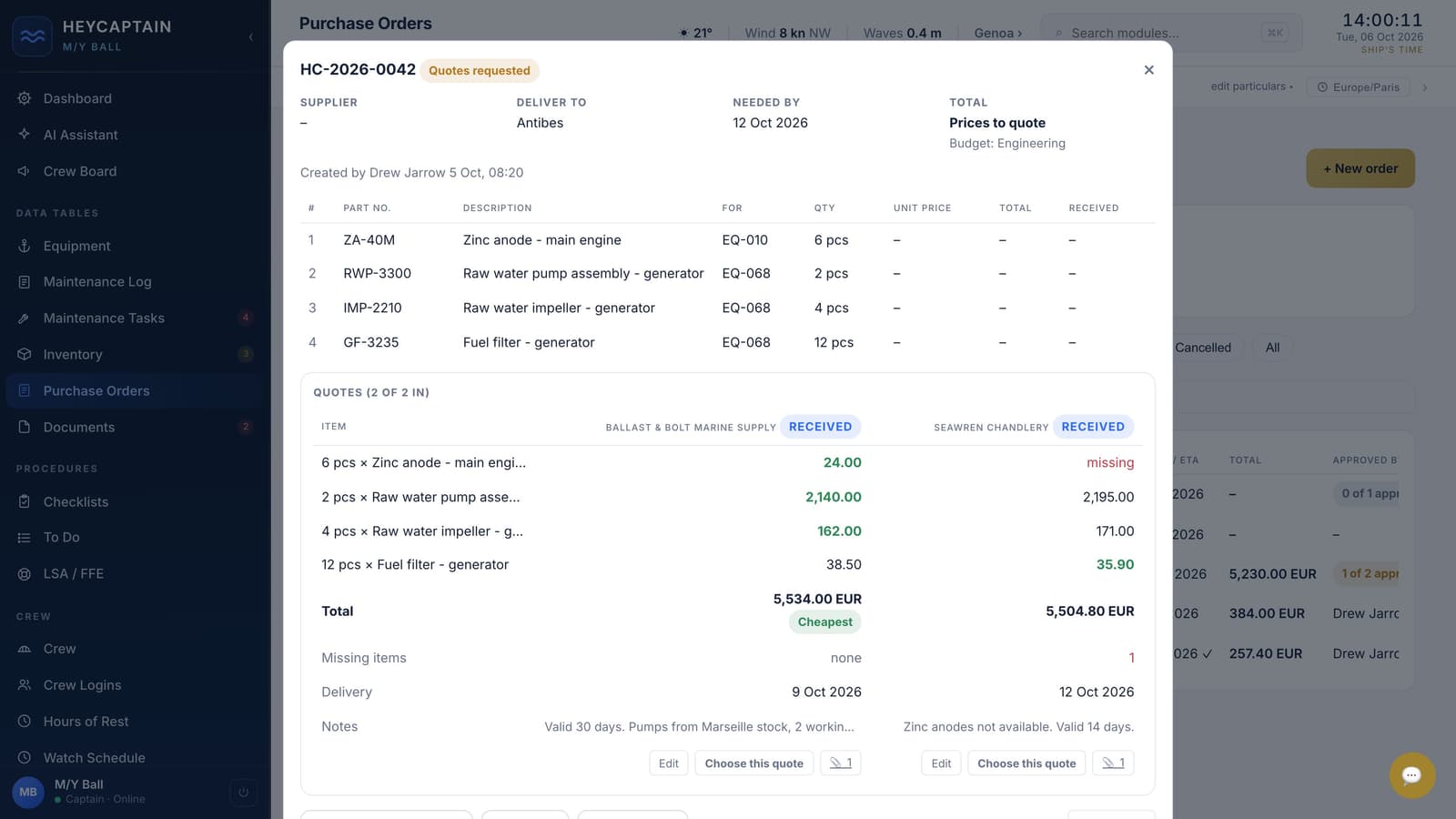 Purchase Orders: two quotes side by side, cheapest marked